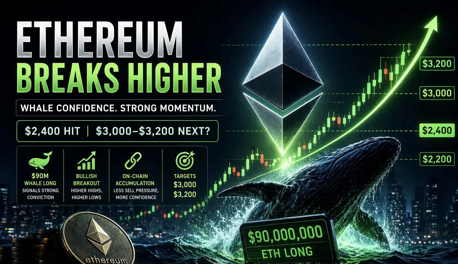 Baleia Ethereum Aposta US$ 90M na Alta Enquanto ETH Mira US$ 3.200