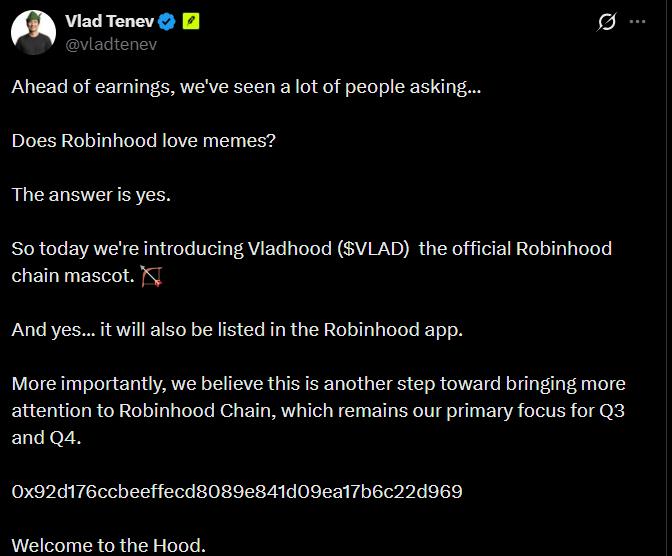Publication X piratée de Vlad Tenev promouvant Vladhood comme memecoin officiel de Robinhood Chain.