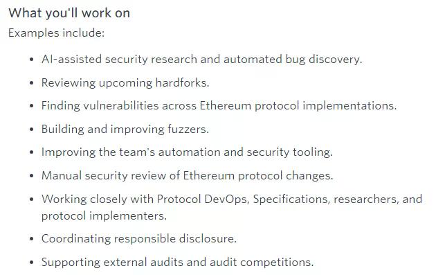 Ethereum Foundation job listing outlines AI-assisted security research, hard fork reviews, vulnerability discovery, fuzzing, and protocol audits.