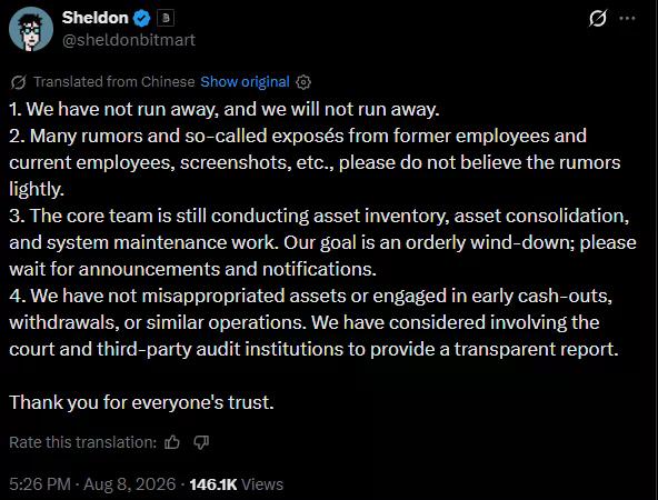 BitMart founder Sheldon Xia denies fleeing or misappropriating user assets and says the exchange is conducting an orderly wind-down.