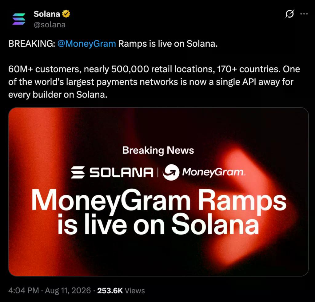 MoneyGram Ramps is live on Solana, source: Solana/X
