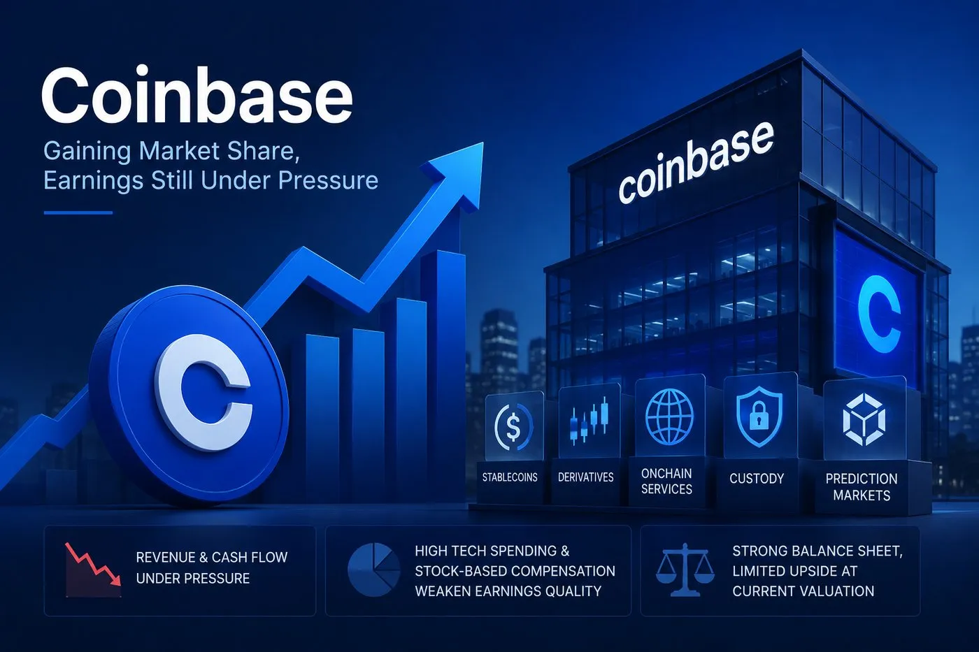گزارش پژوهش سهام کوین‌بیس گلوبال (COIN) - سهم بازار در حال افزایش است، اما سود نقدی همچنان از روایت پلتفرم عقب‌تر است
